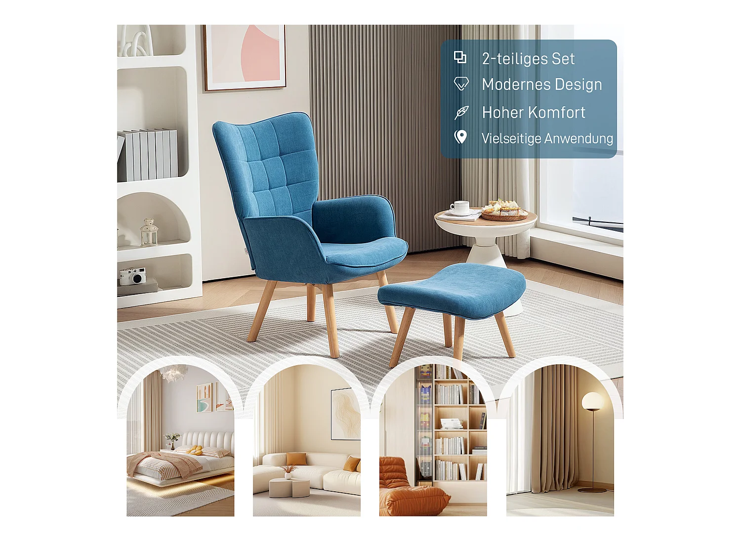 Fauteuil relax avec repose-pieds, haut dossier, design tufté, en corduroy, bleu (72x80x101 cm)