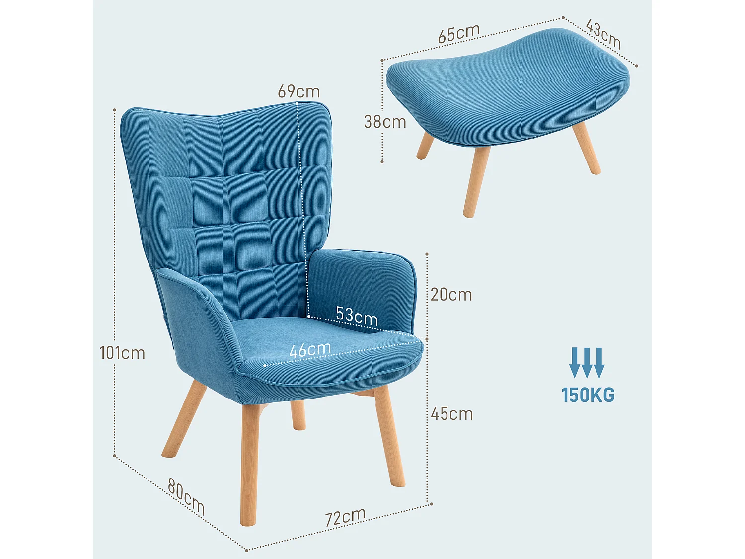 Fauteuil relax avec repose-pieds, haut dossier, design tufté, en corduroy, bleu (72x80x101 cm)