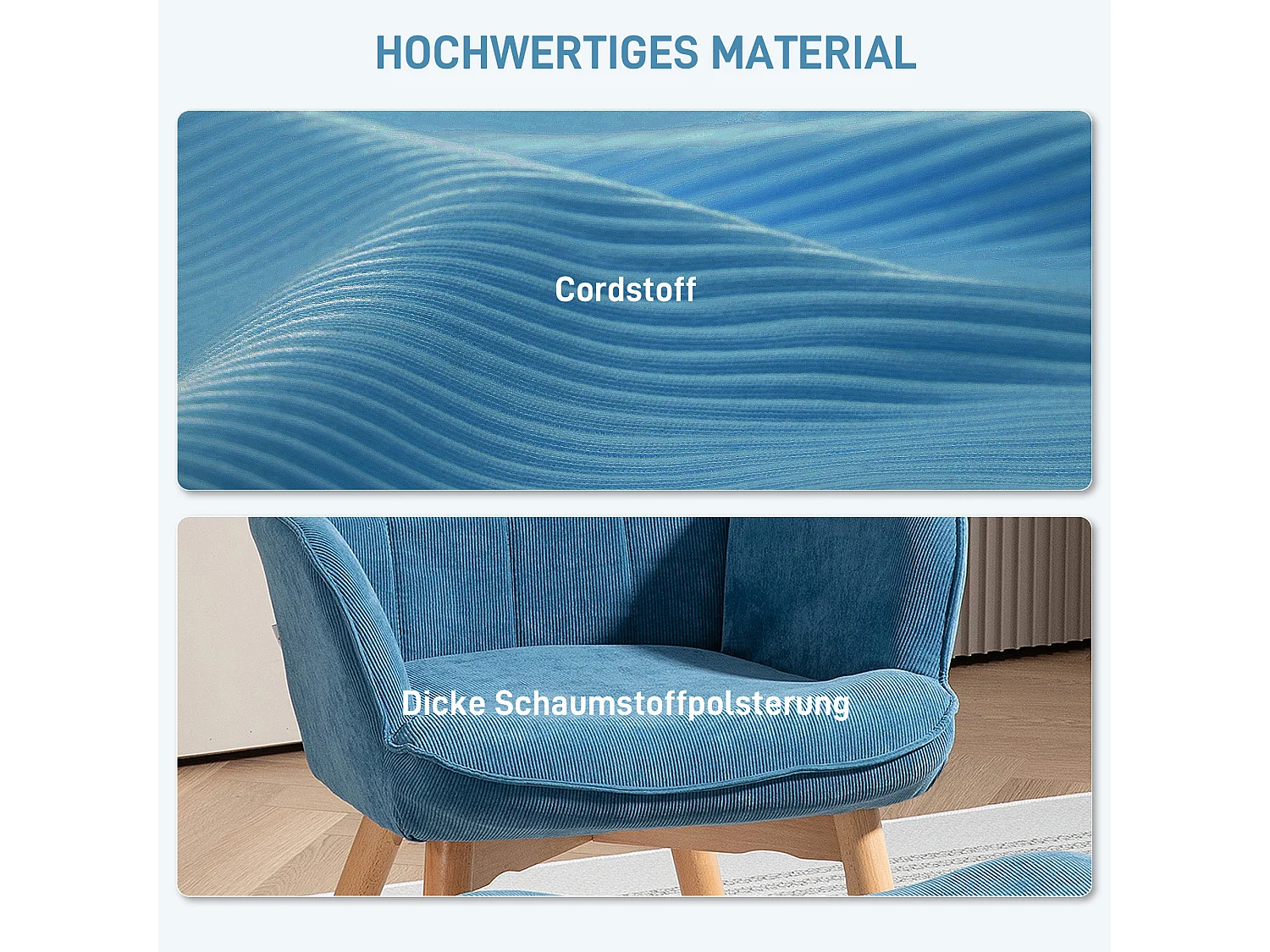 Fauteuil relax avec repose-pieds, haut dossier, design tufté, en corduroy, bleu (72x80x101 cm)