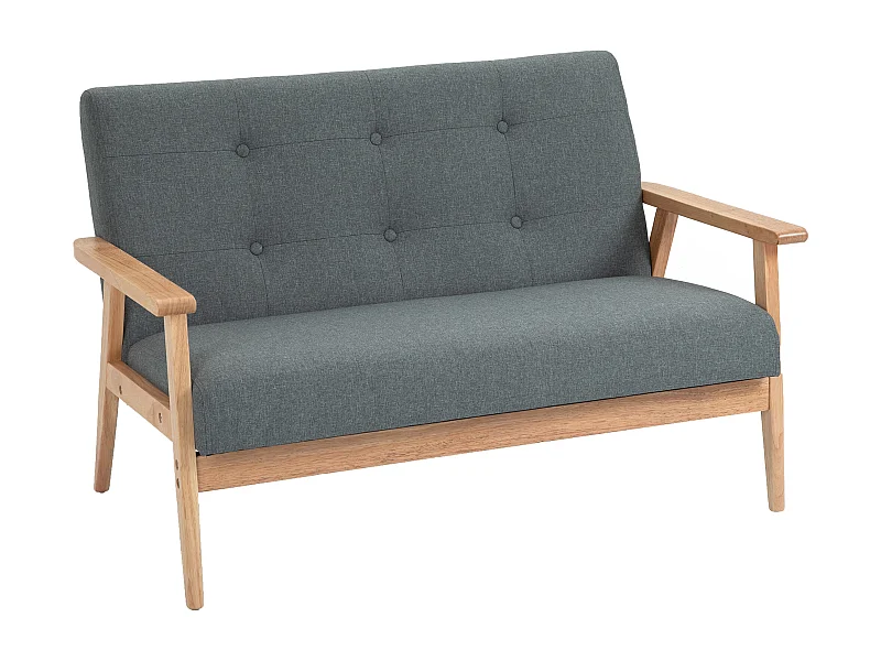 Sofá compacto de 2 plazas, diseño escandinavo, lino y madera de caucho, gris (115 x 66,5 x 73 cm)