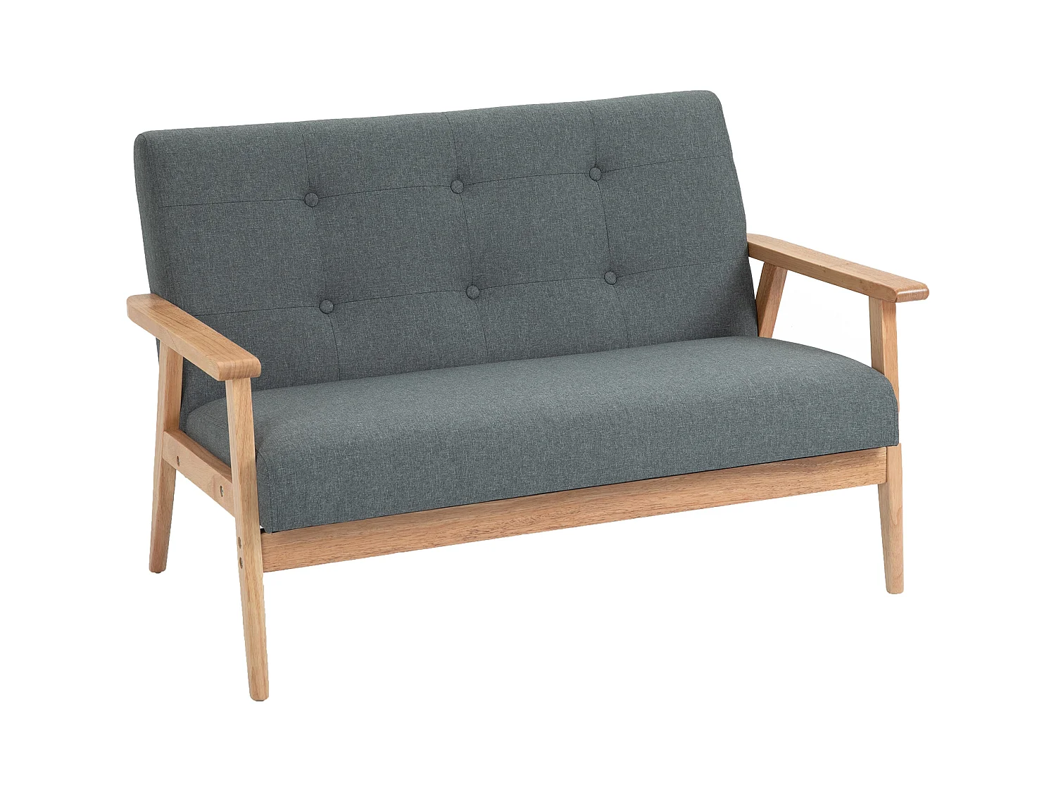 Canapé 2 Places Compact, Design Scandinave, Lin et Bois de Caoutchouc, Gris, (115x66.5x73 cm)