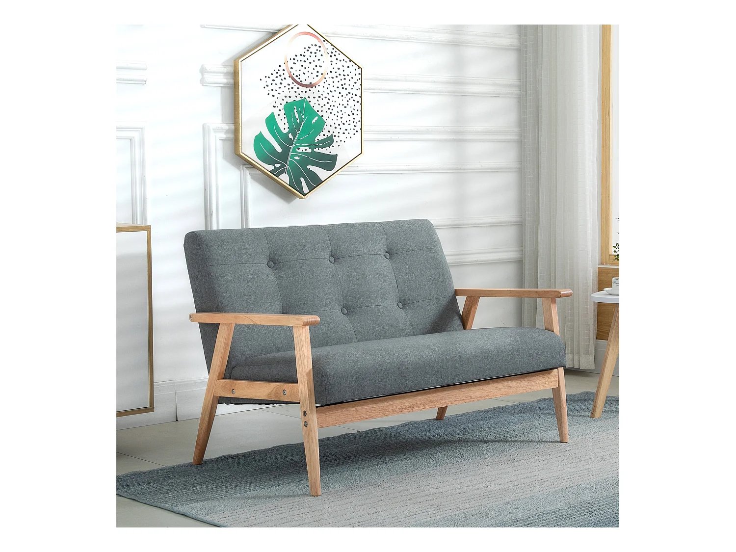 Canapé 2 Places Compact, Design Scandinave, Lin et Bois de Caoutchouc, Gris, (115x66.5x73 cm)