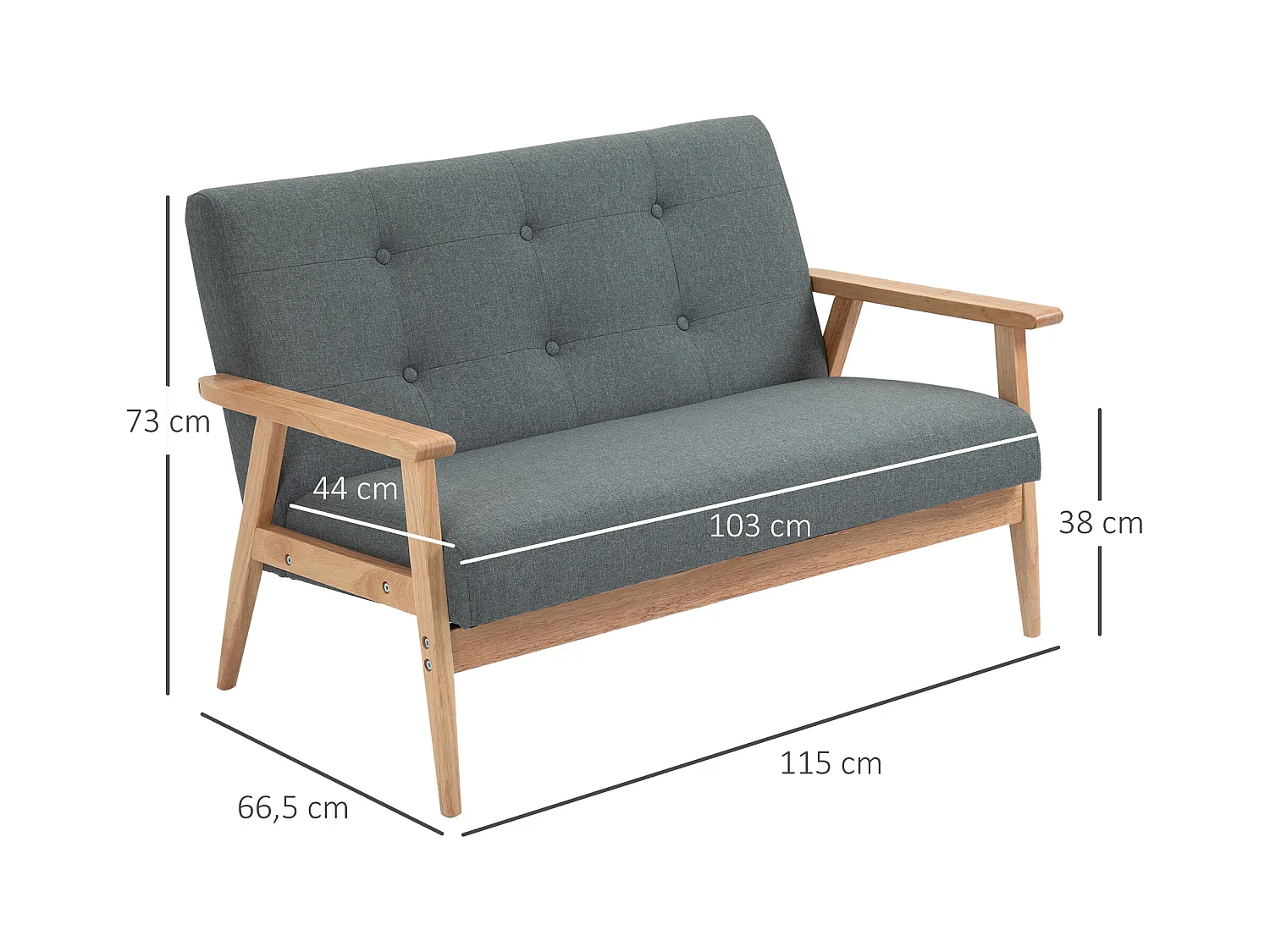Canapé 2 Places Compact, Design Scandinave, Lin et Bois de Caoutchouc, Gris, (115x66.5x73 cm)