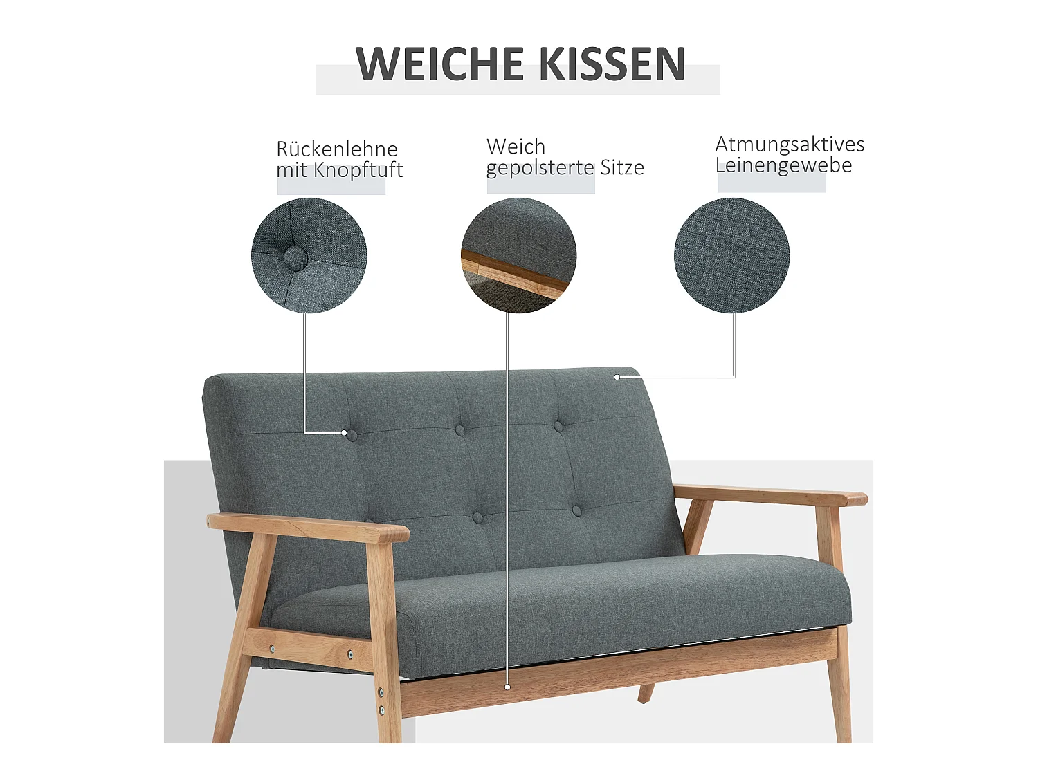 Canapé 2 Places Compact, Design Scandinave, Lin et Bois de Caoutchouc, Gris, (115x66.5x73 cm)