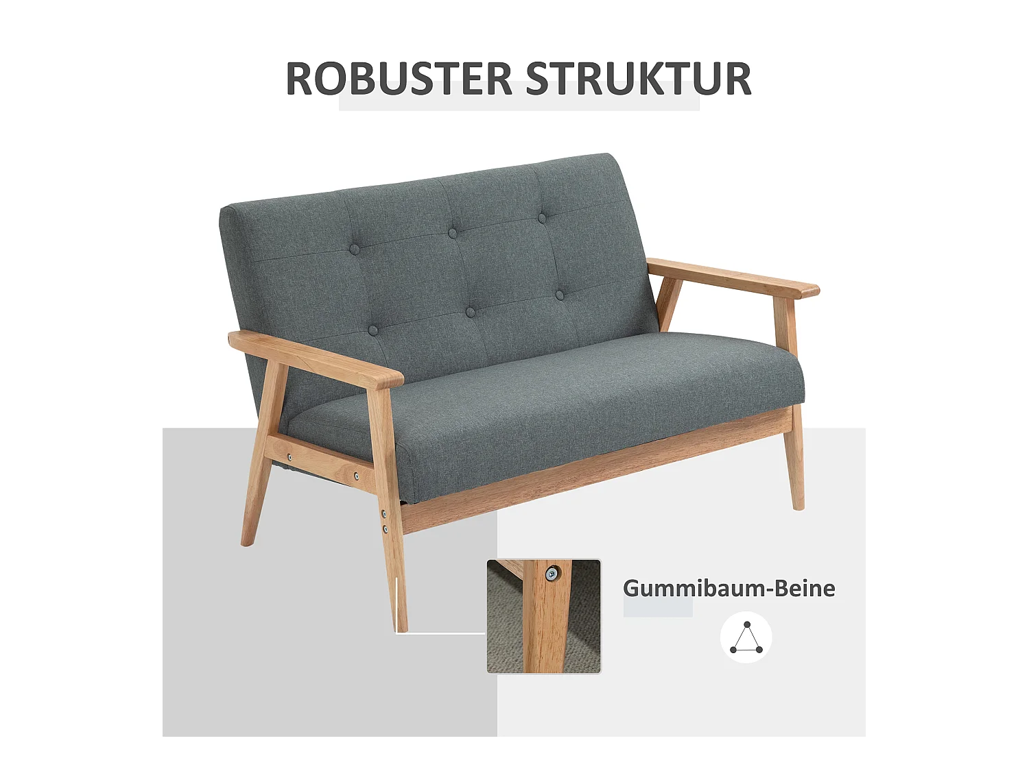 Canapé 2 Places Compact, Design Scandinave, Lin et Bois de Caoutchouc, Gris, (115x66.5x73 cm)