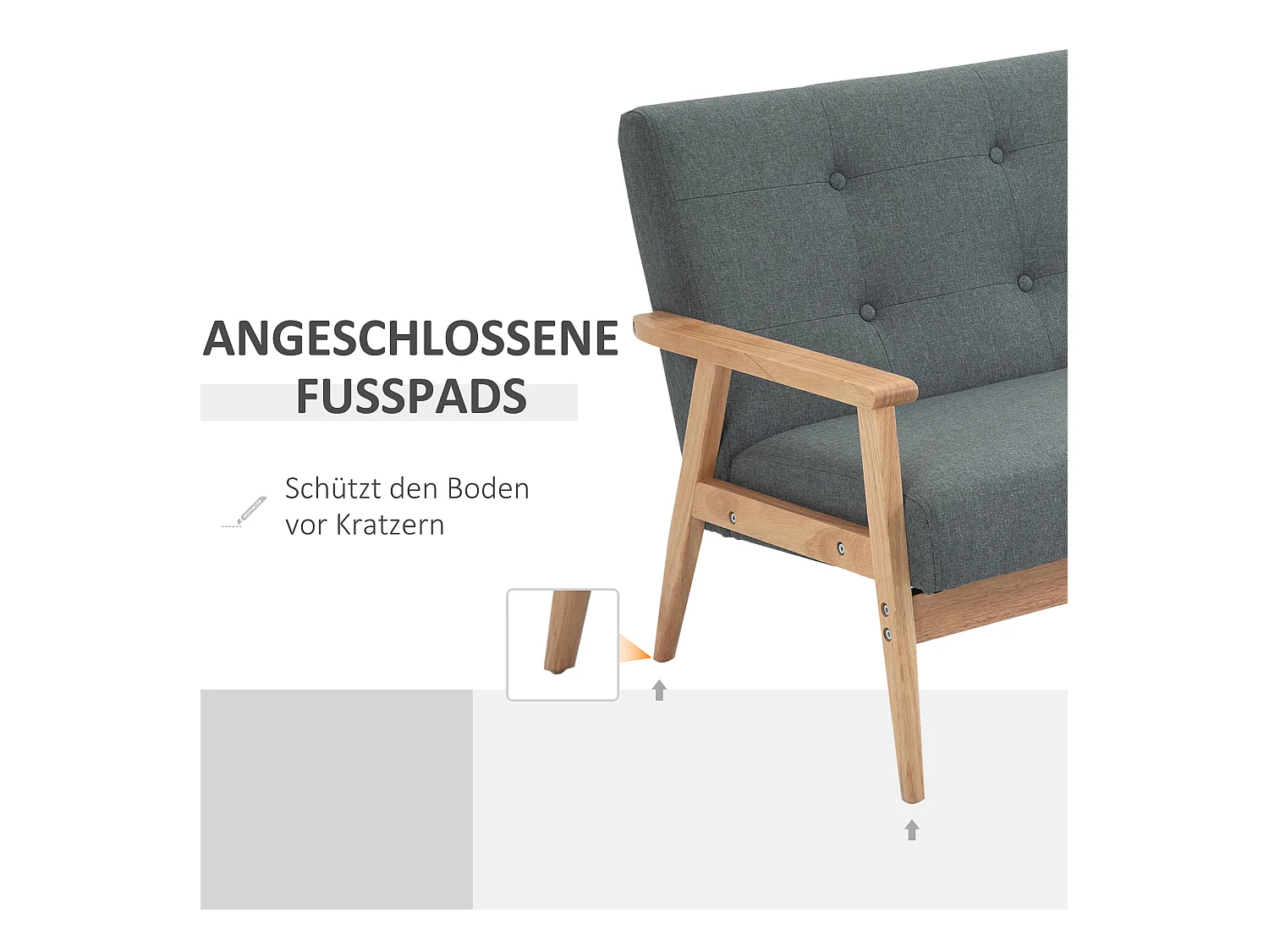 Canapé 2 Places Compact, Design Scandinave, Lin et Bois de Caoutchouc, Gris, (115x66.5x73 cm)