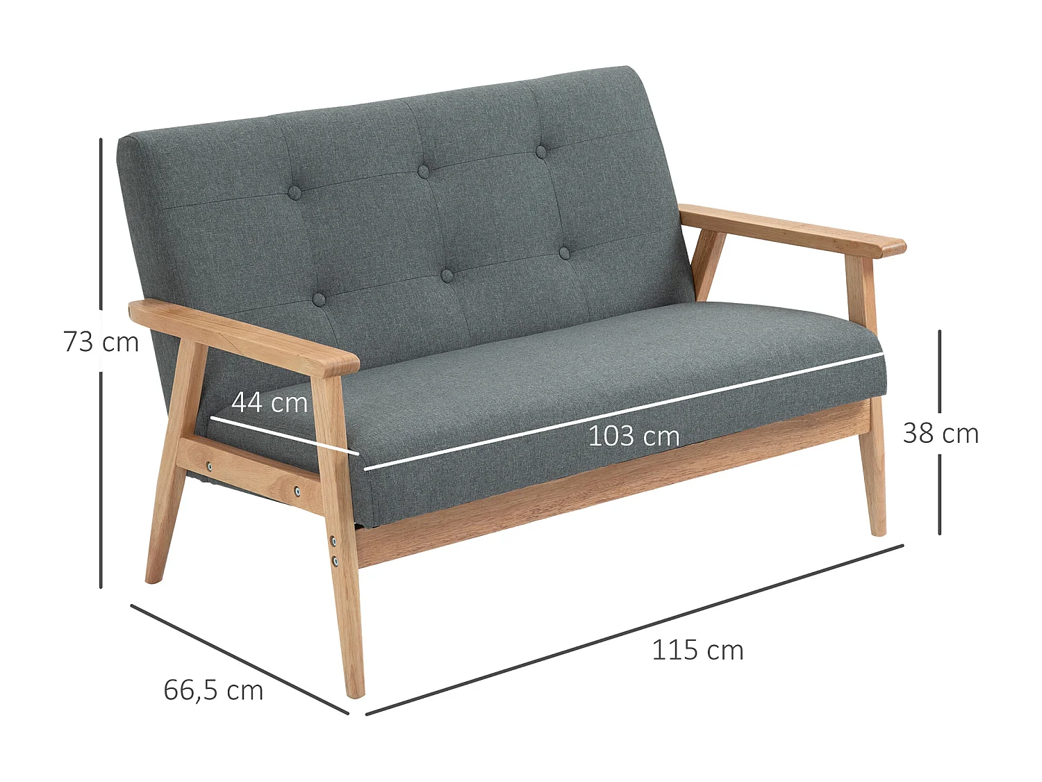 Divano compatto a 2 posti, design scandinavo, lino e legno di caucciù, grigio, (115x66,5x73 cm)