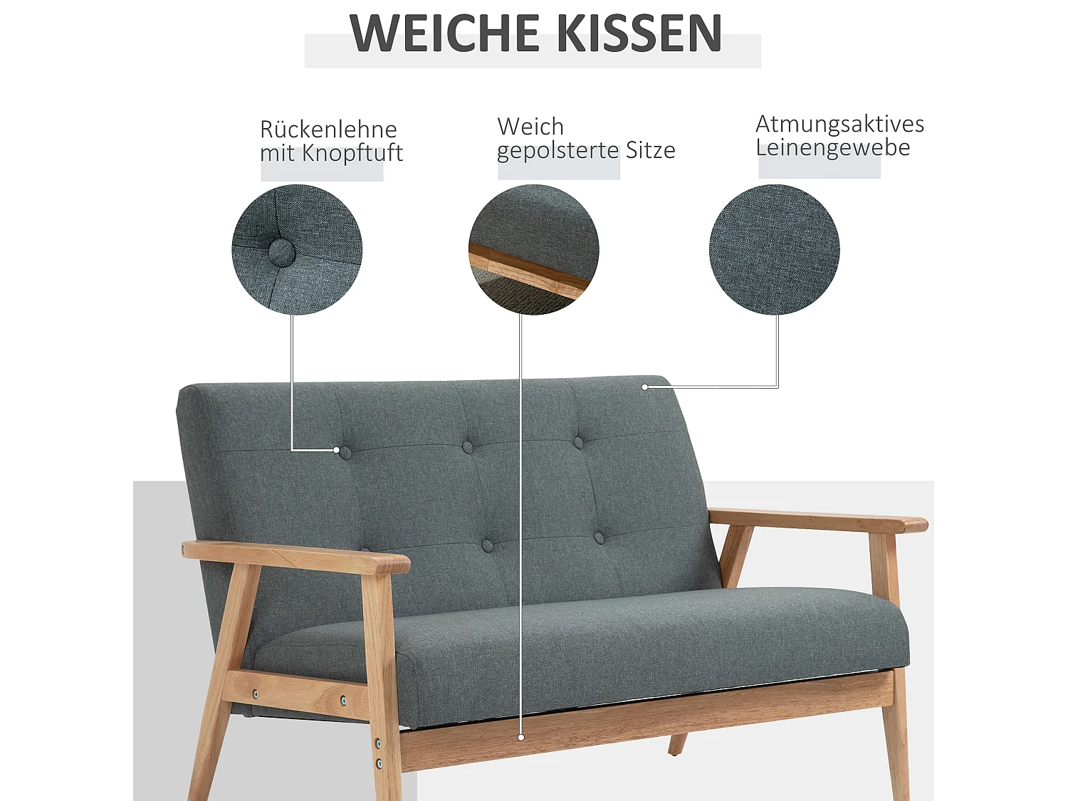 Divano compatto a 2 posti, design scandinavo, lino e legno di caucciù, grigio, (115x66,5x73 cm)