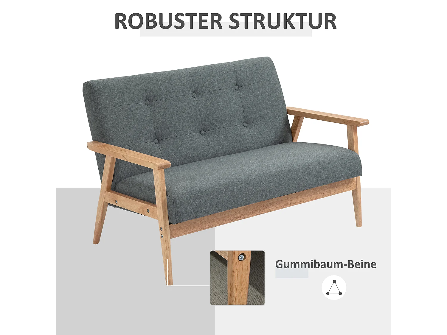 Divano compatto a 2 posti, design scandinavo, lino e legno di caucciù, grigio, (115x66,5x73 cm)