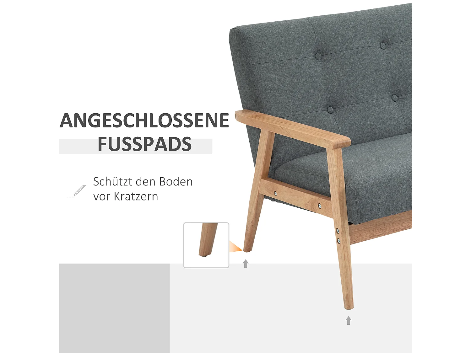 Divano compatto a 2 posti, design scandinavo, lino e legno di caucciù, grigio, (115x66,5x73 cm)