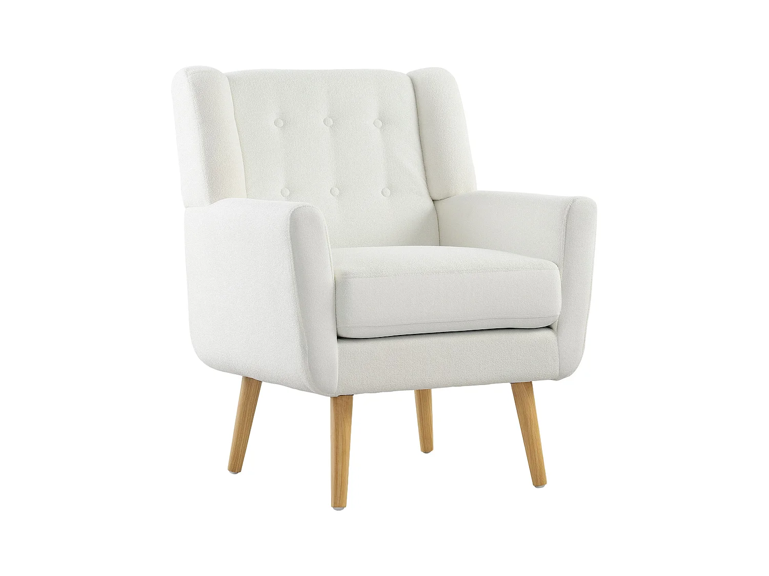 Fauteuil club avec accoudoirs, tissu matelassé, pieds en bois, blanc (75x72x89 cm)