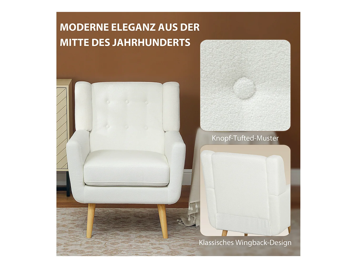 Fauteuil club avec accoudoirs, tissu matelassé, pieds en bois, blanc (75x72x89 cm)