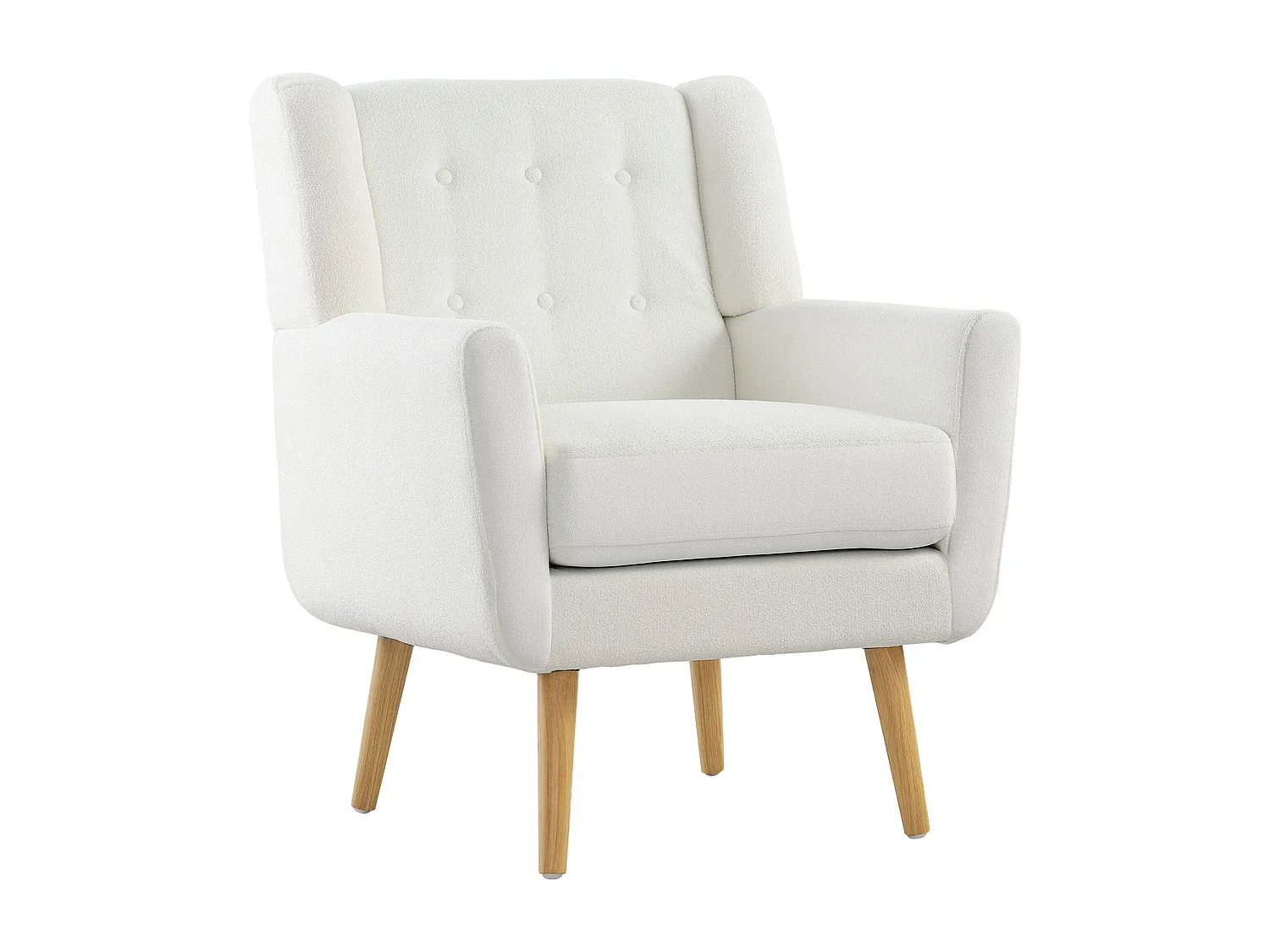 Clubfauteuil met armleuningen, gewatteerde stof, houten poten, wit (75x72x89 cm)