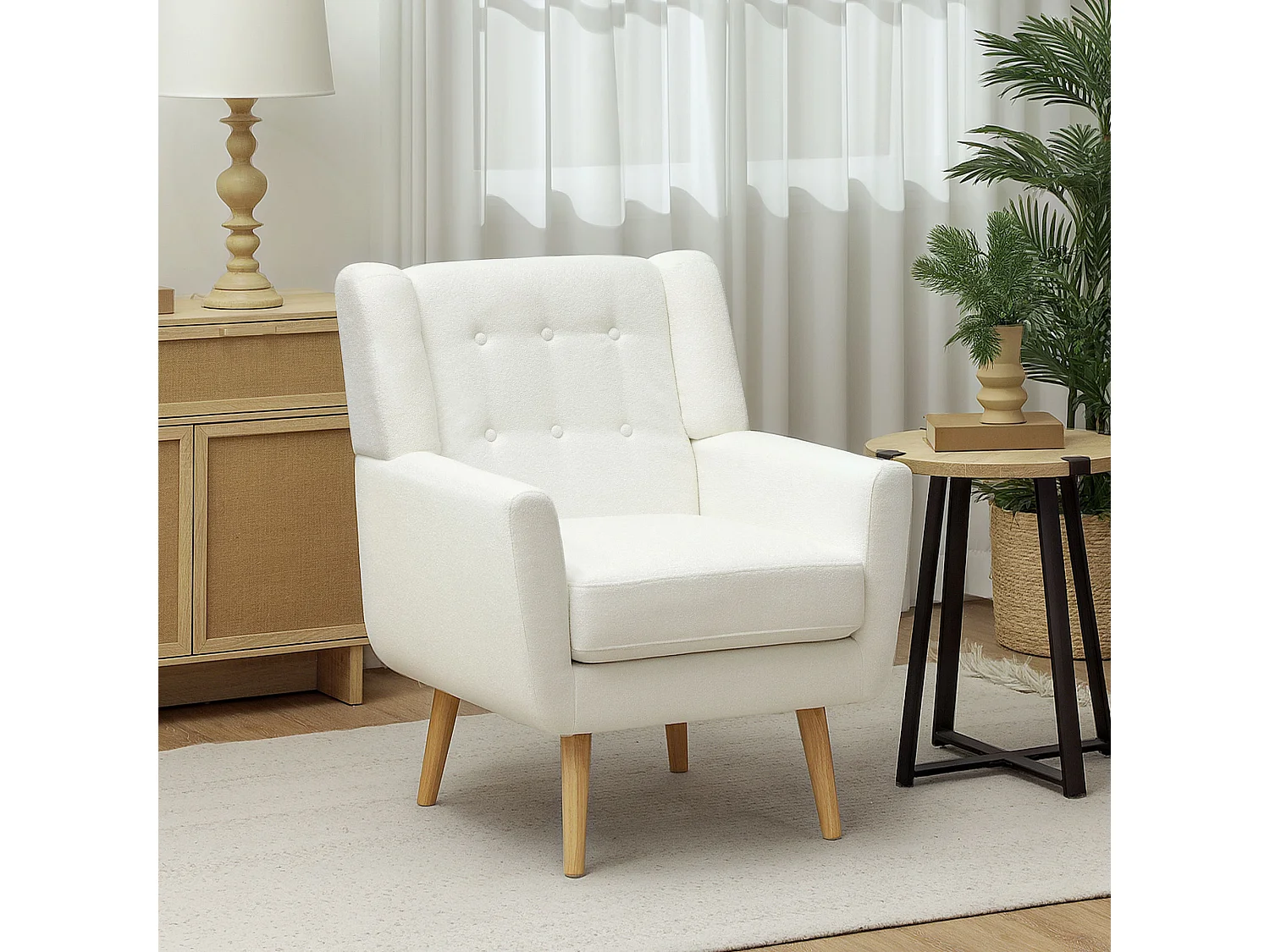 Clubfauteuil met armleuningen, gewatteerde stof, houten poten, wit (75x72x89 cm)