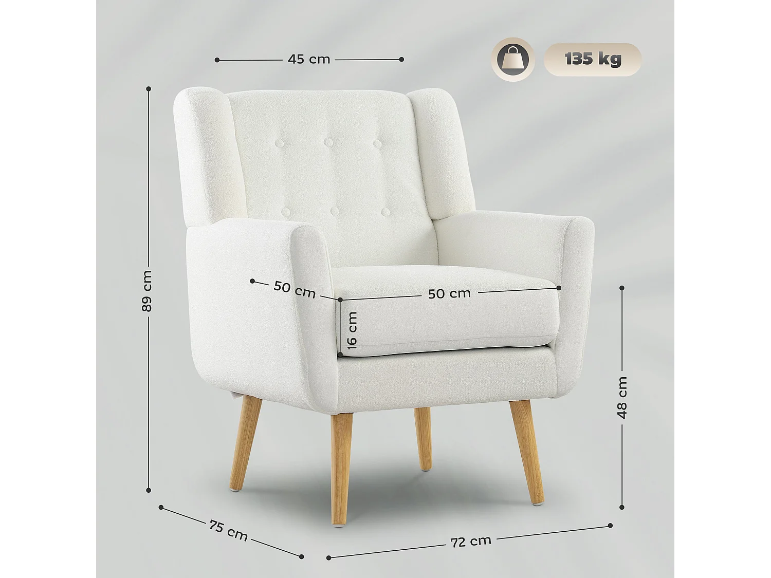 Clubfauteuil met armleuningen, gewatteerde stof, houten poten, wit (75x72x89 cm)
