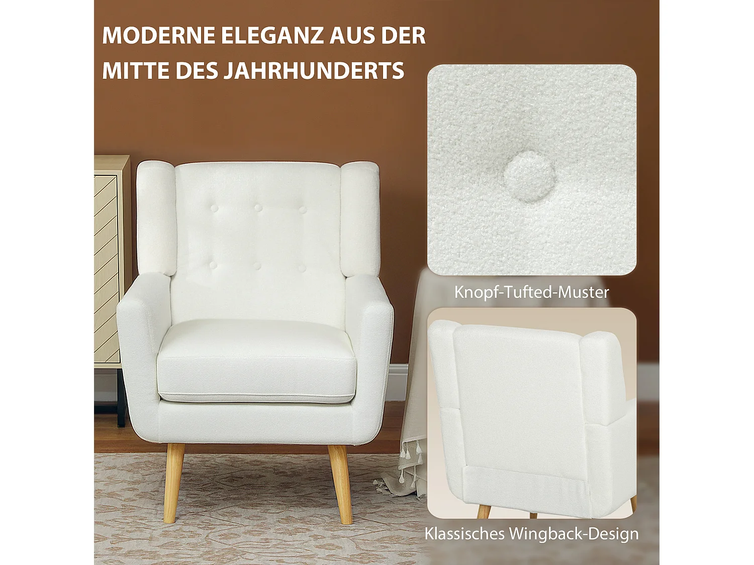 Clubfauteuil met armleuningen, gewatteerde stof, houten poten, wit (75x72x89 cm)