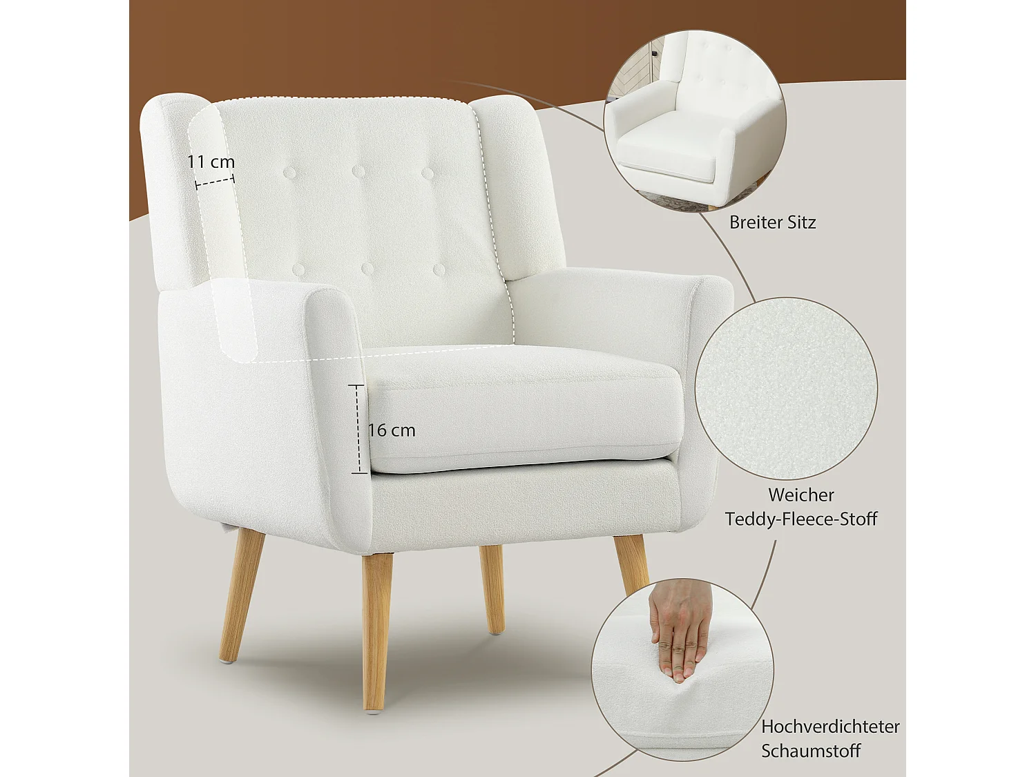 Clubfauteuil met armleuningen, gewatteerde stof, houten poten, wit (75x72x89 cm)