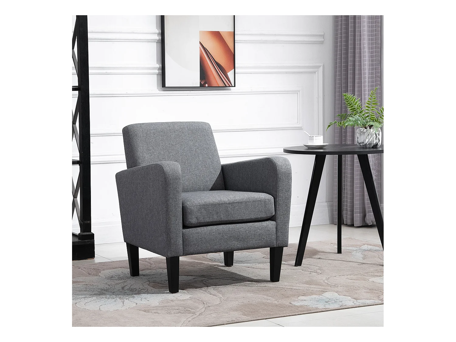 Fauteuil relax avec accoudoirs, en tissu effet lin, pieds en bois, gris (66x72x74 cm)