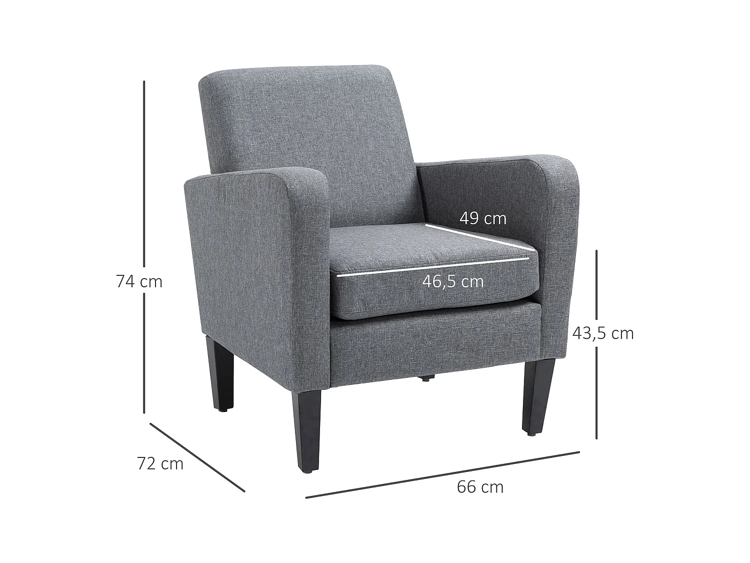 Fauteuil relax avec accoudoirs, en tissu effet lin, pieds en bois, gris (66x72x74 cm)
