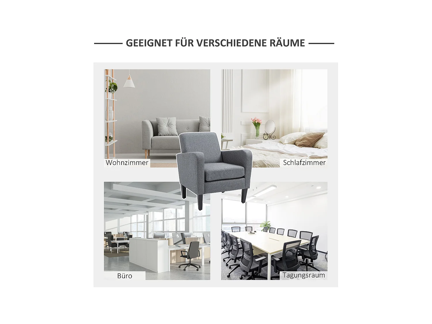 Fauteuil relax avec accoudoirs, en tissu effet lin, pieds en bois, gris (66x72x74 cm)