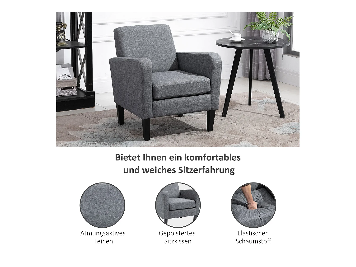 Fauteuil relax avec accoudoirs, en tissu effet lin, pieds en bois, gris (66x72x74 cm)