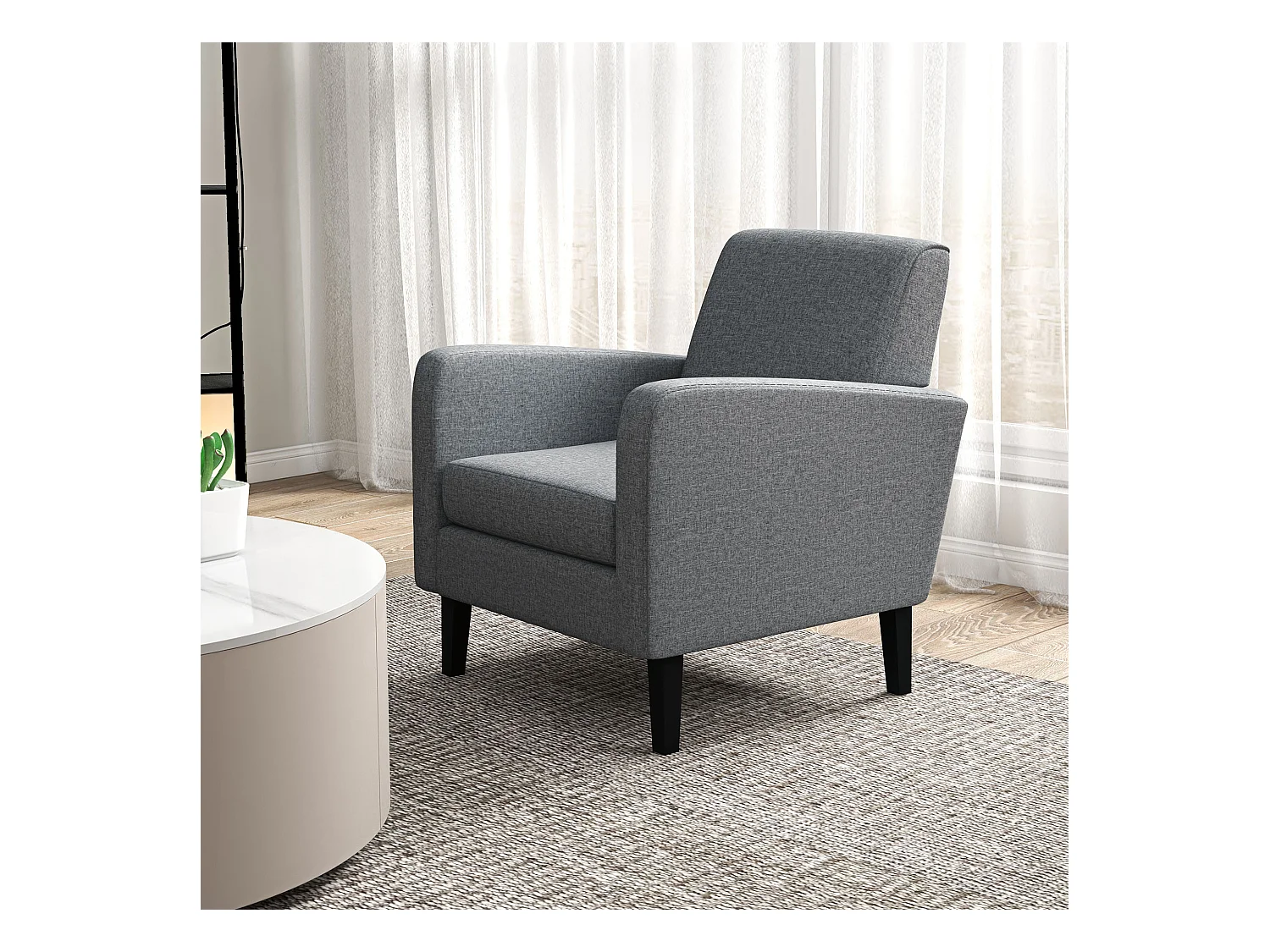 Fauteuil relax avec accoudoirs, en tissu effet lin, pieds en bois, gris (66x72x74 cm)
