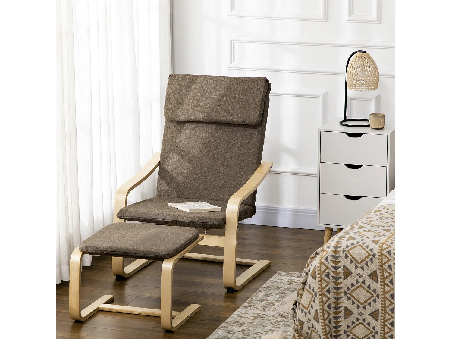 Relaxfauteuil met voetenbankje, fauteuil met hoofdsteun, linnen stof, bruin (67x72x100 cm)