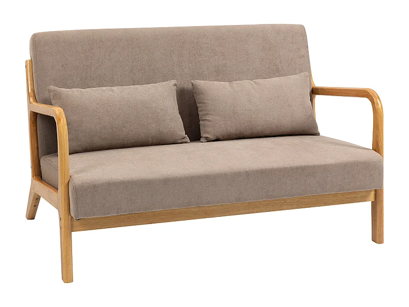 Canapé 2 places avec coussins, tissu velours, pieds en bois, gris clair (122x71x76 cm)
