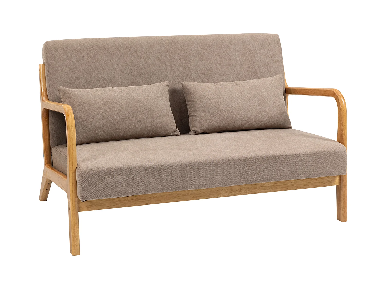 Canapé 2 places avec coussins, tissu velours, pieds en bois, gris clair (122x71x76 cm)