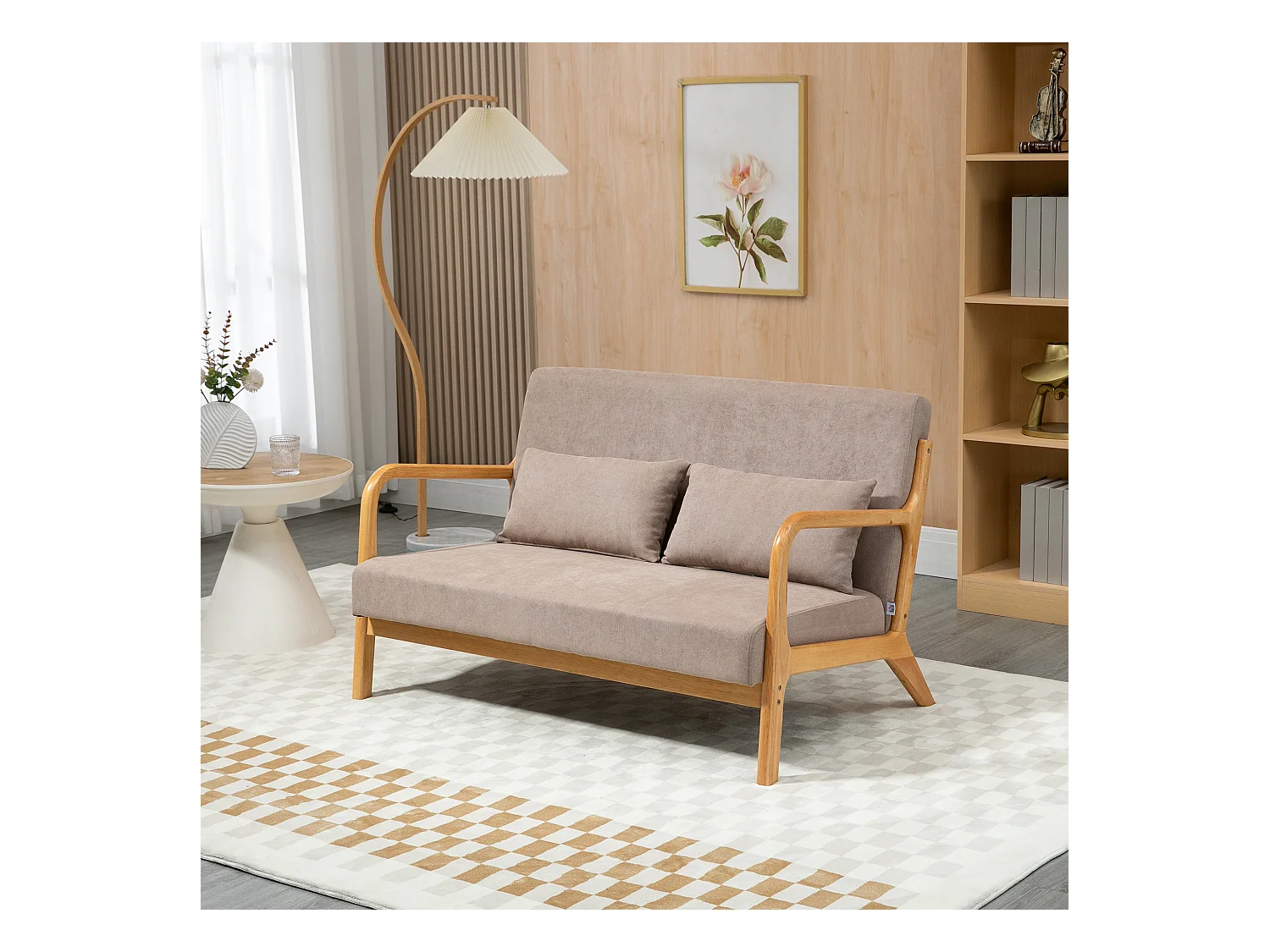 Canapé 2 places avec coussins, tissu velours, pieds en bois, gris clair (122x71x76 cm)