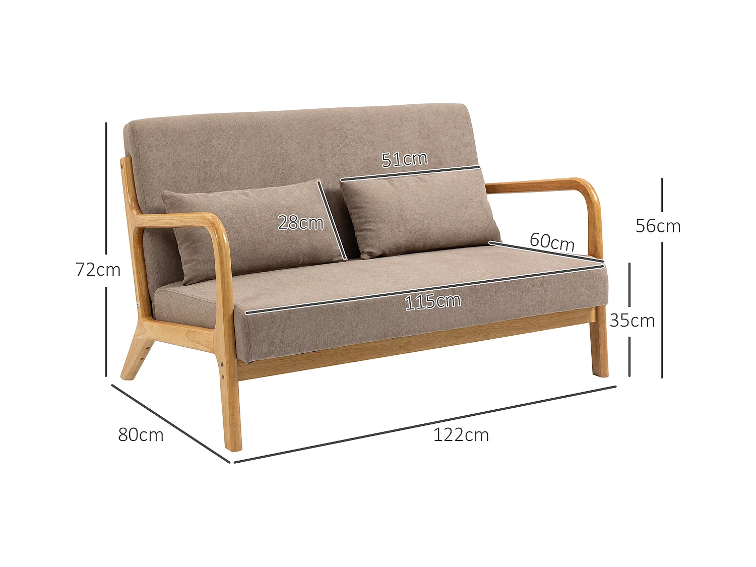 Canapé 2 places avec coussins, tissu velours, pieds en bois, gris clair (122x71x76 cm)