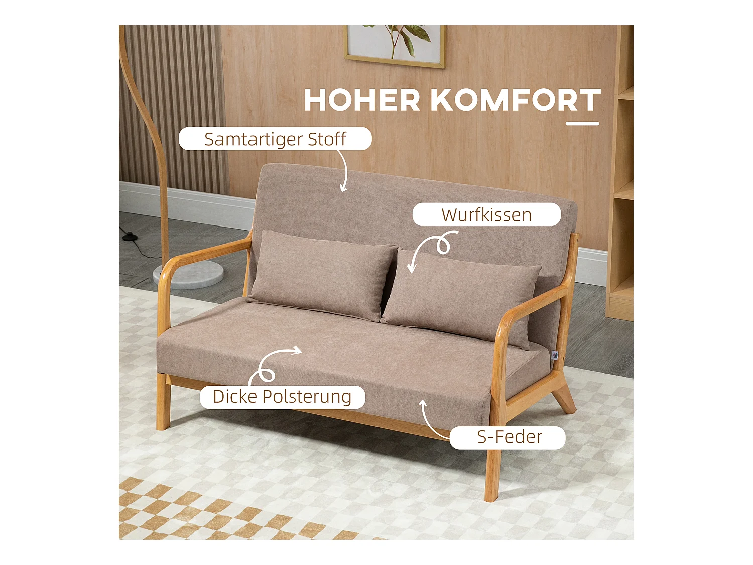 Canapé 2 places avec coussins, tissu velours, pieds en bois, gris clair (122x71x76 cm)