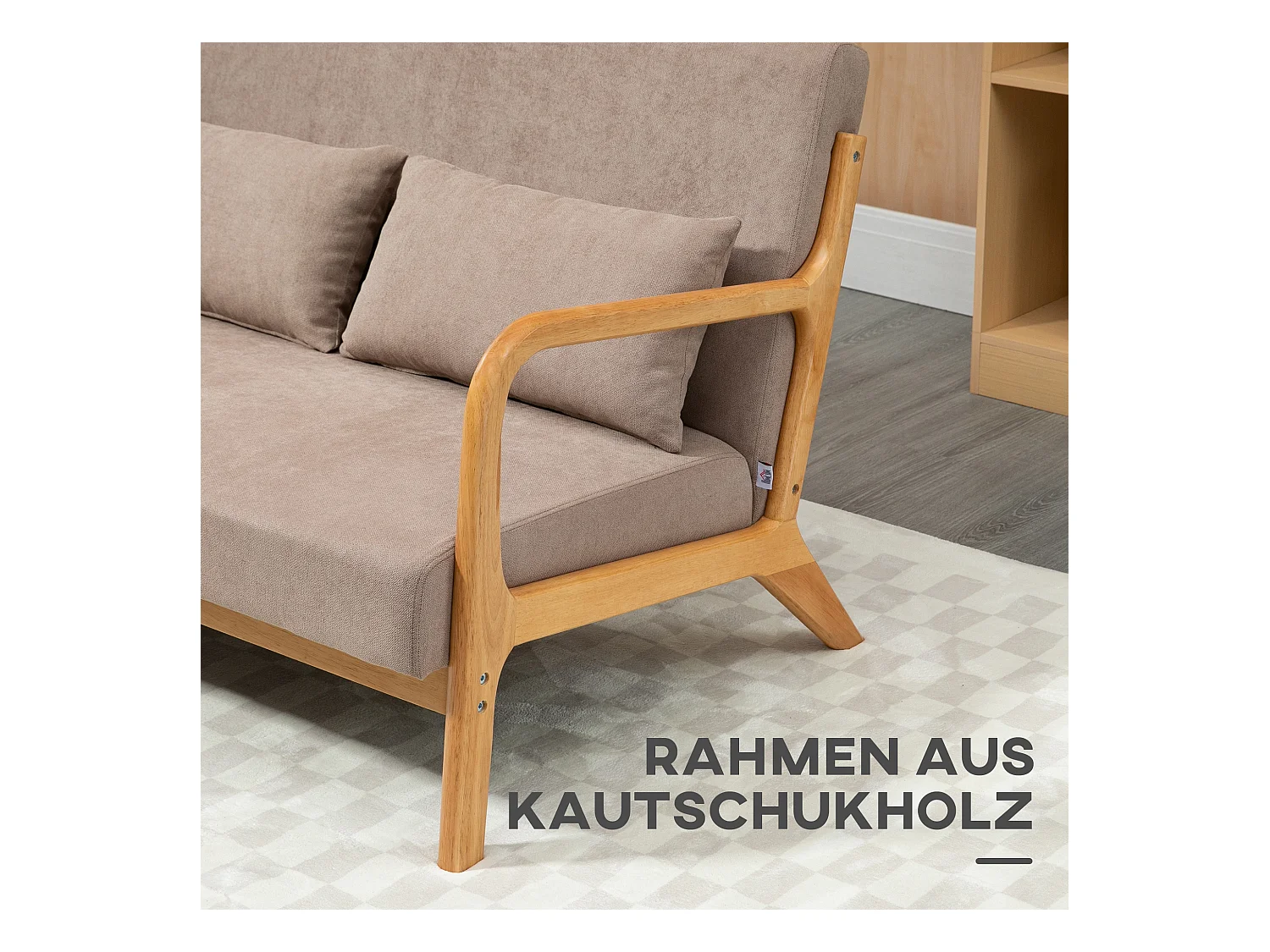 Canapé 2 places avec coussins, tissu velours, pieds en bois, gris clair (122x71x76 cm)