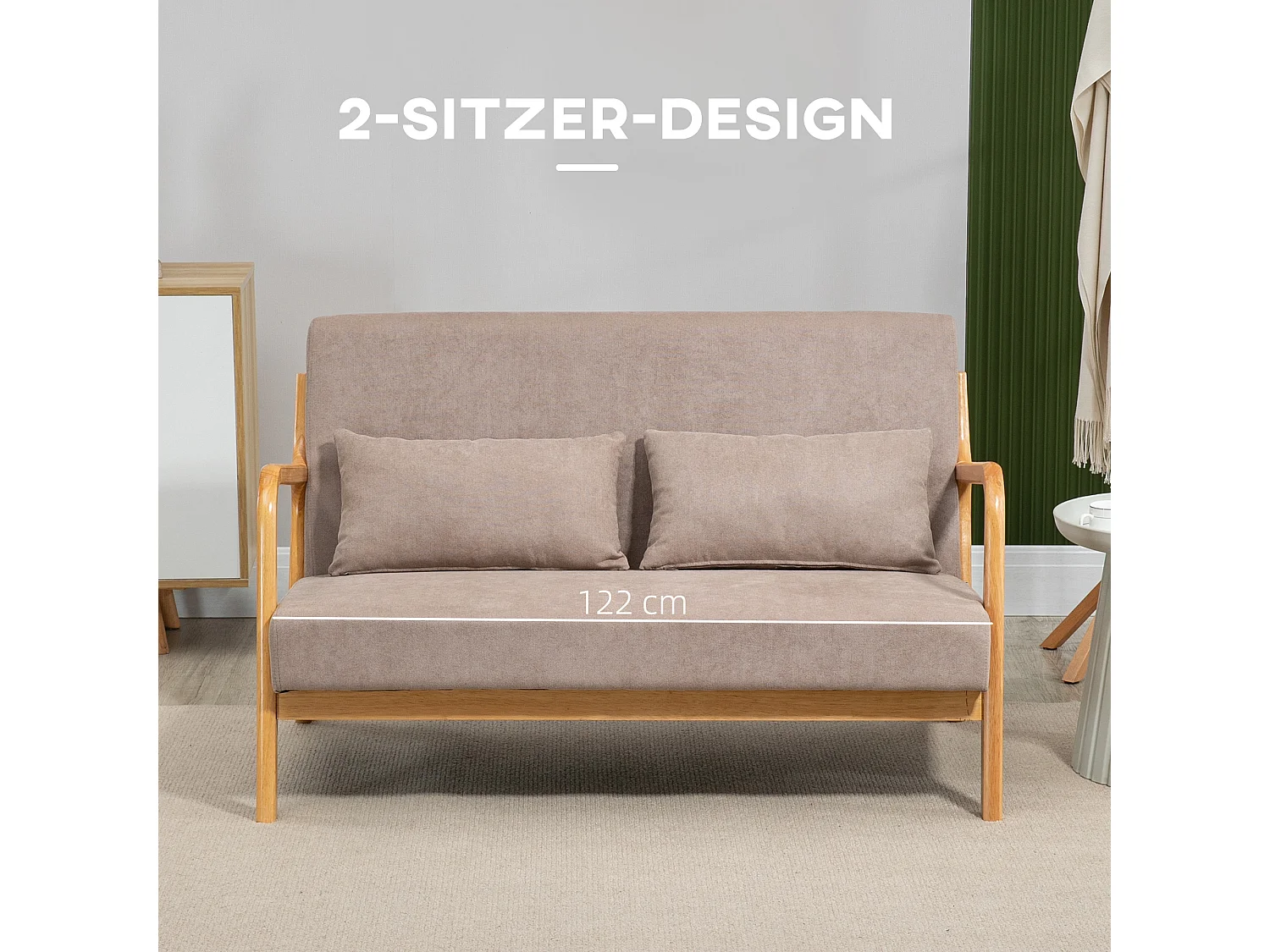 Canapé 2 places avec coussins, tissu velours, pieds en bois, gris clair (122x71x76 cm)