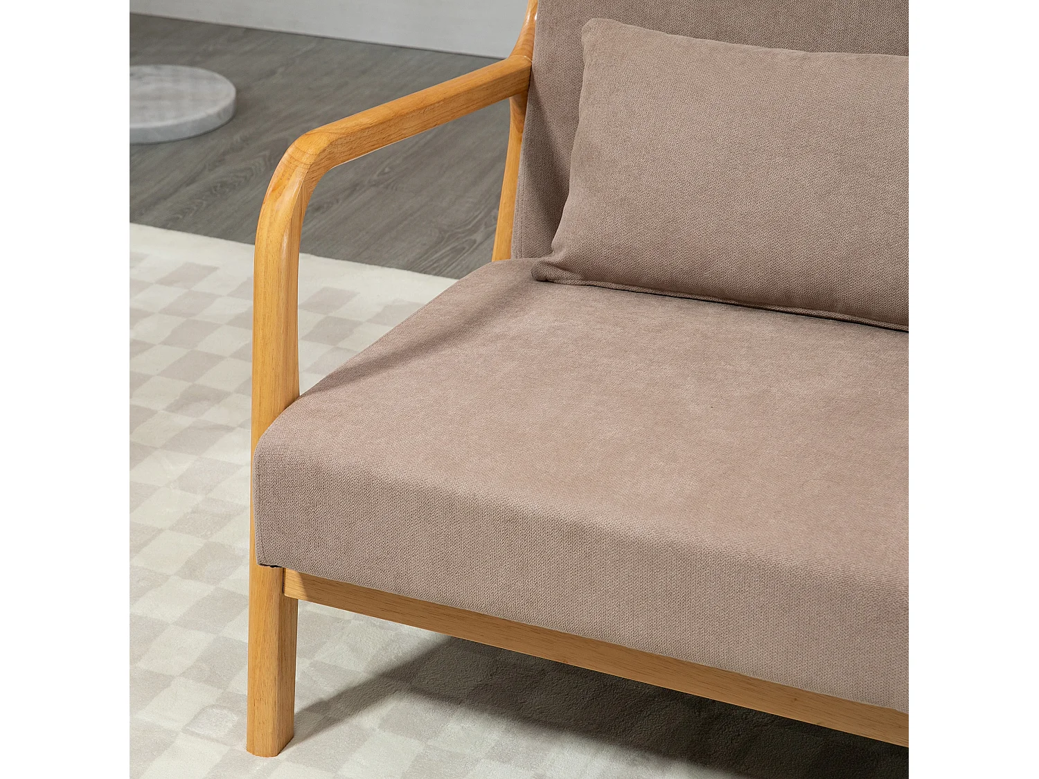 Canapé 2 places avec coussins, tissu velours, pieds en bois, gris clair (122x71x76 cm)