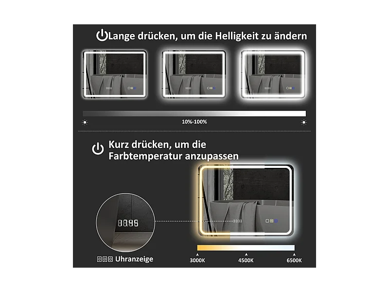 Specchio da bagno a LED con Bluetooth, funzione di memoria, 3 colori di illuminazione, argento (90x3,5x70 cm)