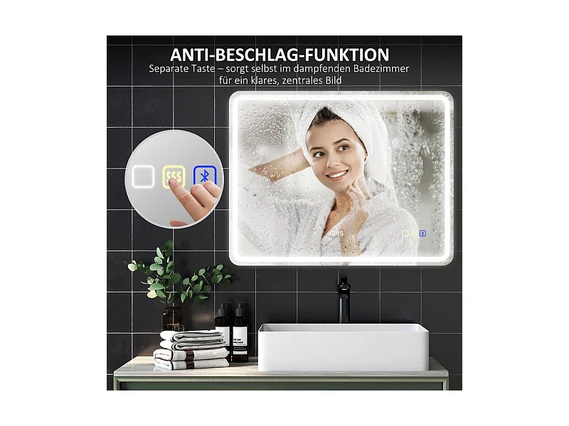 Specchio da bagno a LED con Bluetooth, funzione di memoria, 3 colori di illuminazione, argento (90x3,5x70 cm)