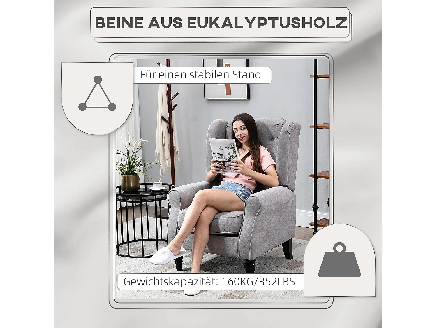 Kussenfauteuil met bekleding, houten poten, polyester, grijs (74x86x102cm)