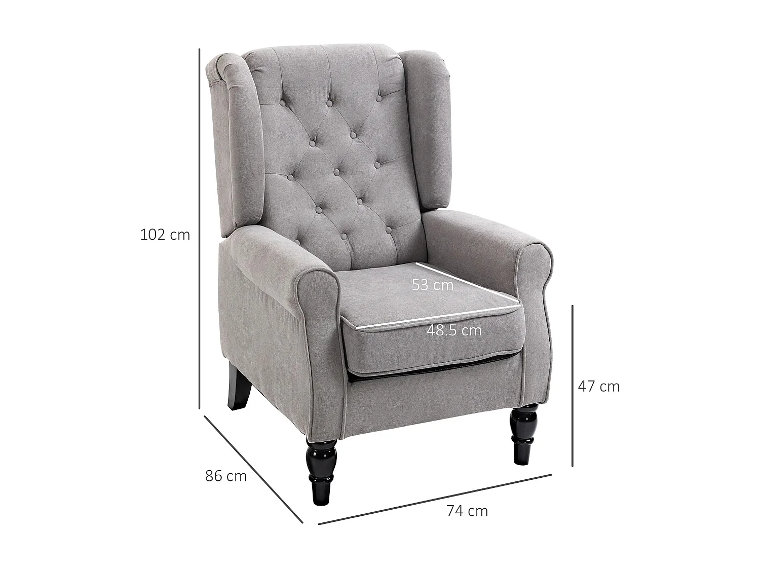 Fauteuil oreiller avec capitonnage, pieds bois, polyester, gris (74x86x102cm)