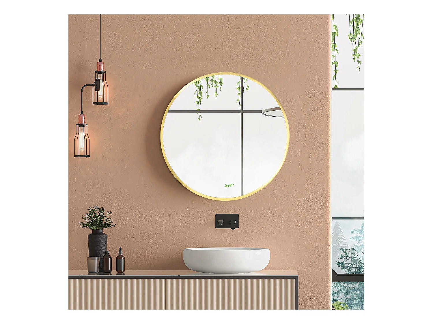 Miroir rond mural avec fonction mémoire, aluminium, doré, IP44 (50x2x50cm)