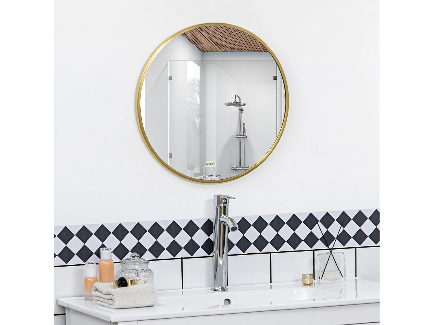 Miroir rond mural avec fonction mémoire, aluminium, doré, IP44 (50x2x50cm)