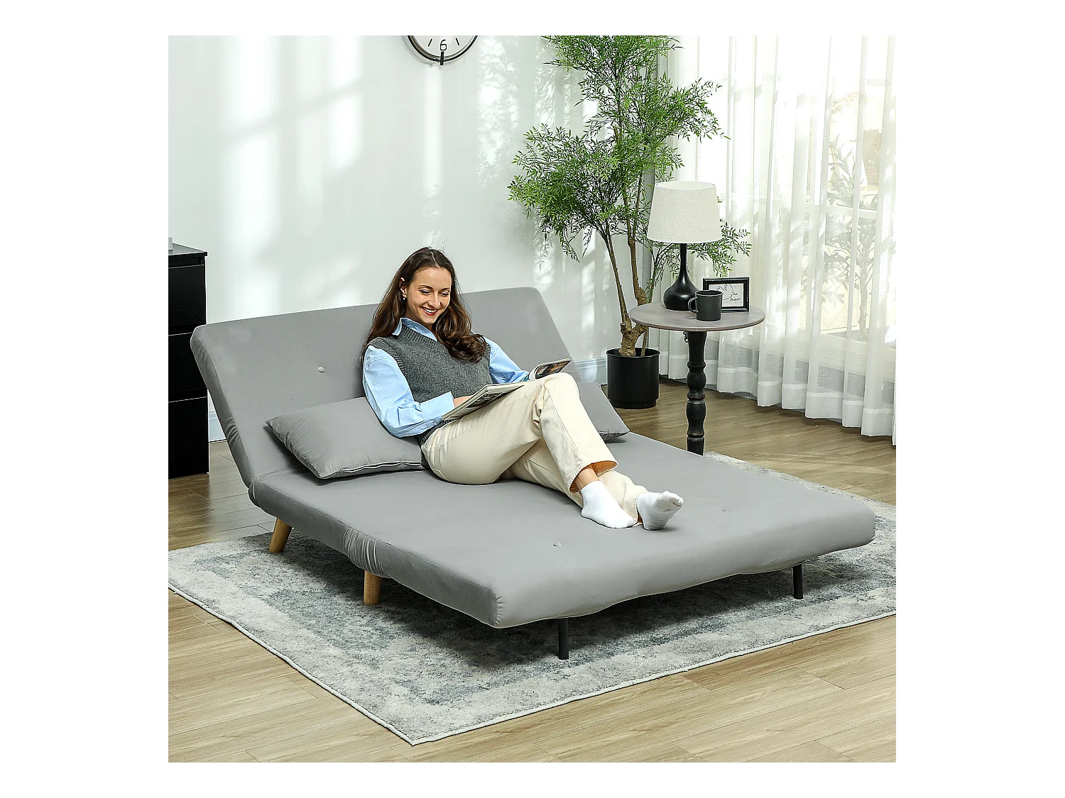 Fauteuil convertible lit 2 places, velours, dossier réglable, structure acier, gris clair (130x78x79cm)