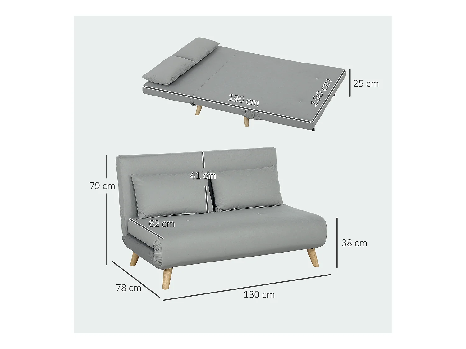 Fauteuil convertible lit 2 places, velours, dossier réglable, structure acier, gris clair (130x78x79cm)