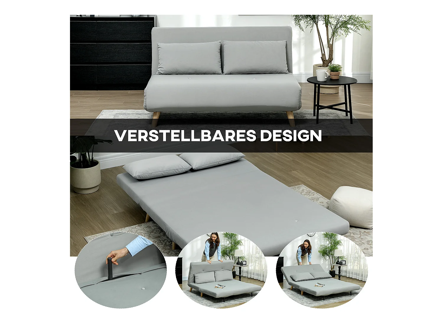 Fauteuil convertible lit 2 places, velours, dossier réglable, structure acier, gris clair (130x78x79cm)