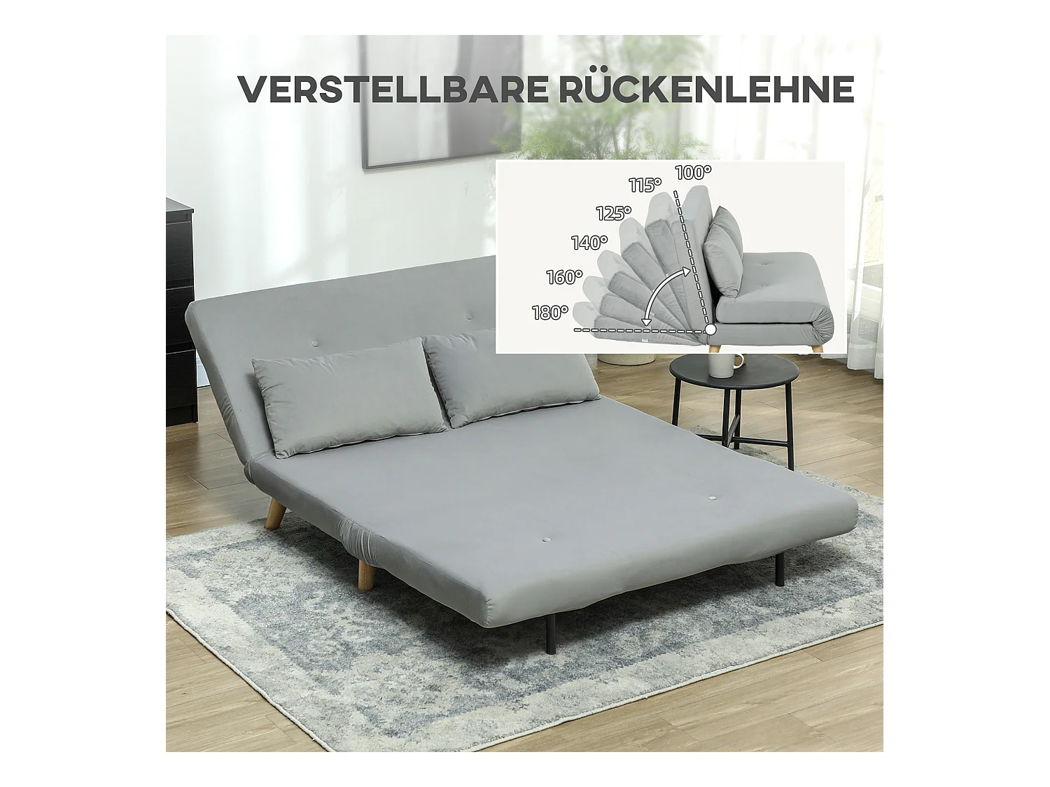 Fauteuil convertible lit 2 places, velours, dossier réglable, structure acier, gris clair (130x78x79cm)