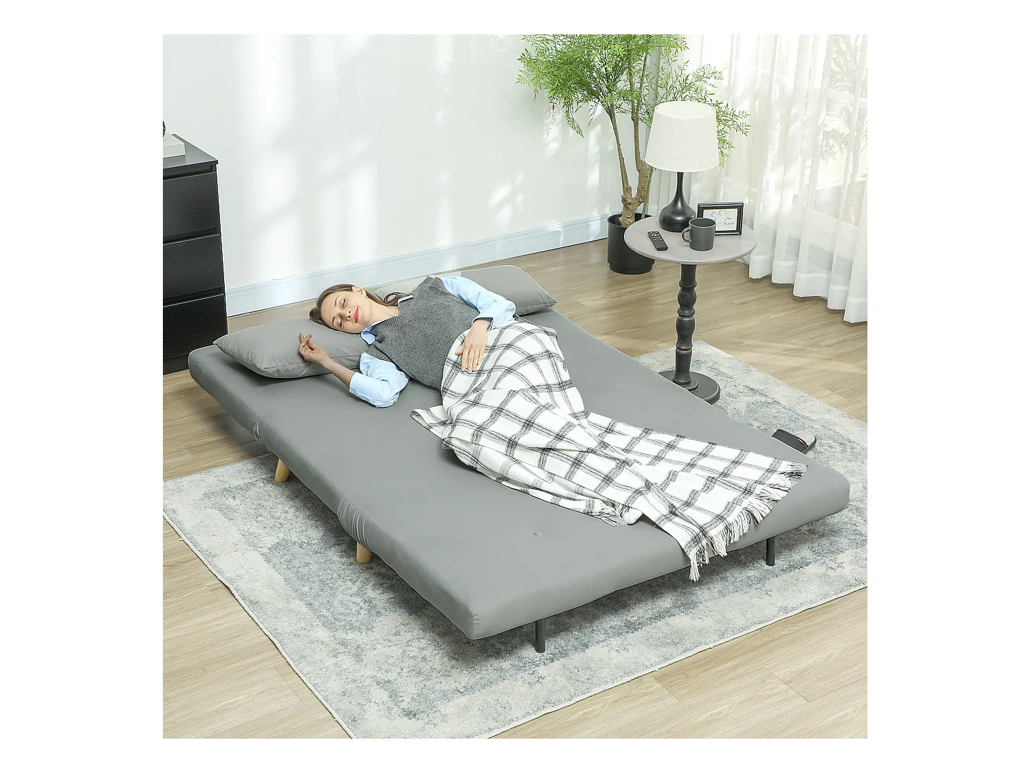 Fauteuil convertible lit 2 places, velours, dossier réglable, structure acier, gris clair (130x78x79cm)