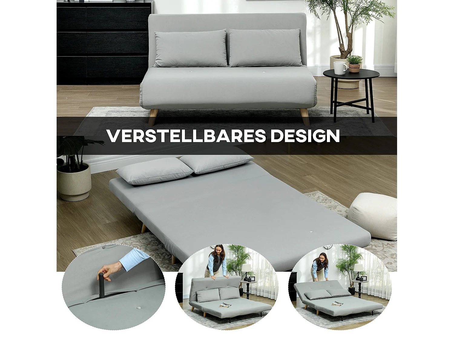 Fauteuil convertible lit 2 places, velours, dossier réglable, structure acier, gris clair (130x78x79cm)