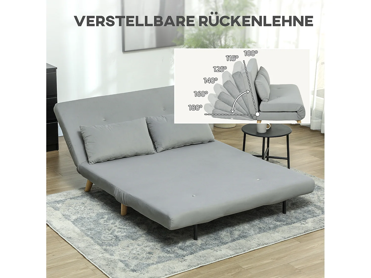 Fauteuil convertible lit 2 places, velours, dossier réglable, structure acier, gris clair (130x78x79cm)