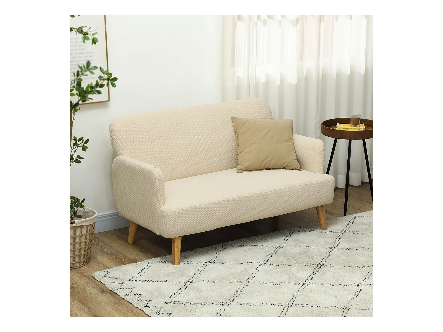 2-zitsbank, dik fluweel, houten poten, crème (130x74x79 cm)