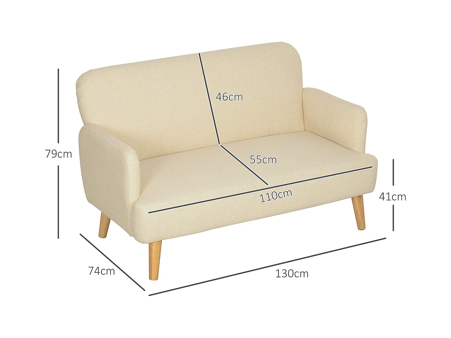 2-zitsbank, dik fluweel, houten poten, crème (130x74x79 cm)